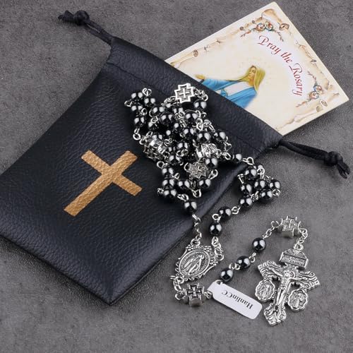 HanlinCC Catholic Rosary Necklace with Miraculous Medal and Pardon Crucifix with PU Leather Rosary Pouch and Pray Card for Men and Women3