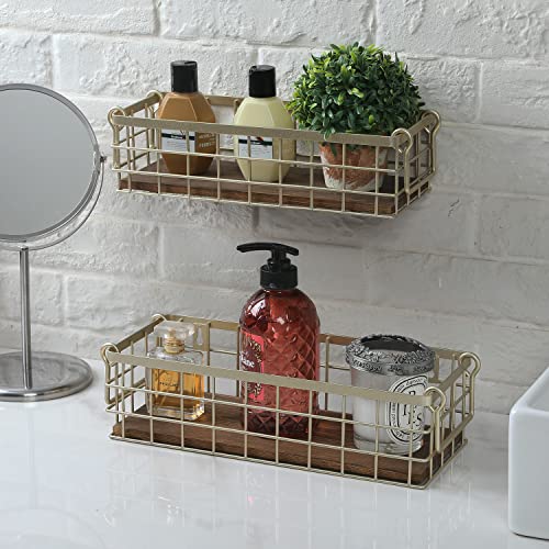 Mygift Decorative Wall Mountable Storage Baskets With Handles, Brass Tone Metal Wire And Rustic Burnt Wood Base Rectangular Hanging Baskets, Set Of 2 #TOP1