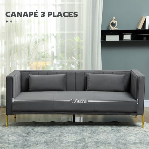 HOMCOM Canapé 3 Places, canapé en Velours 194,5 cm avec 2 Coussins Amovibles, Bandes élastiques et Ressorts en S, pour Chambre à Coucher, Salon et Bureau à Domicile, Gris foncé – Image 5