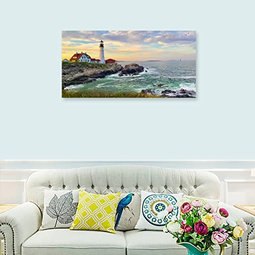 Tigeridge Portland Head Light Wall Art Sunset Lighthouse Canvas Wall Art For Living Room Ocean Canvas Pictures Seascape Artwork Canvas Prints Office Home Wall Decor Framed Ready To Hang 20" X 40" #TOP1