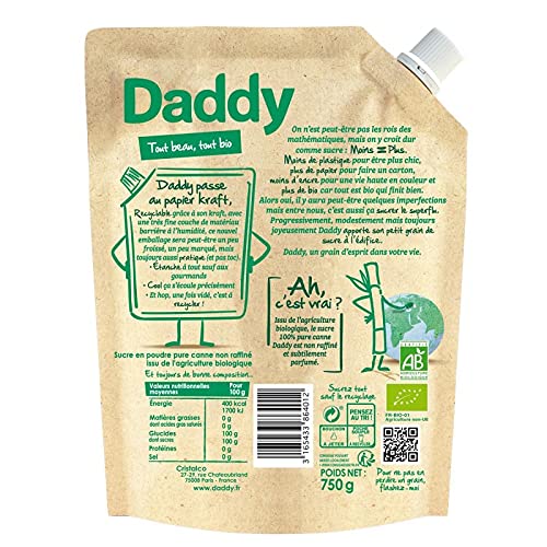 DADDY Profil Pack Pure Canne Bio Kraft 750G - Sucre de Canne Brut Non Raffiné pour une Cuisine Saine et Savoureuse - Agriculture Biologique et Responsable. - Lot De 4 - Vendu Par Lot