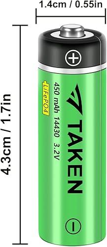 Miniatura 4 de Taken 14430 Batería solar recargable de 3.2 voltios con cargador, 3.2 V 450 mAh 14430 LiFePO4 batería recargable para panel solar, luces de jardín