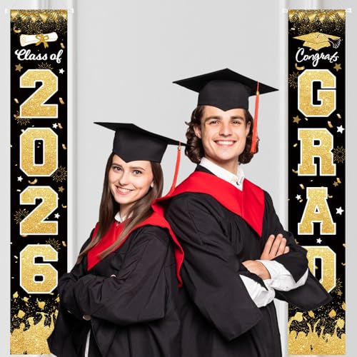 Image of 2026 Graduation Porch Sign Banner Black Gold | Class of 2026 Congrats Grad Porch Sign Banner Hanging Flag Graduation Party Decorations for School College Classroom Decor
