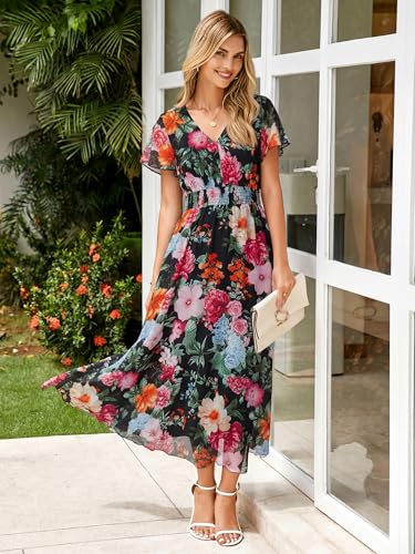 Image of Simplee Womens Floral Maxi Dress - Short Sleeve Summer Boho Wedding Guest Dress Empire Waist Chiffon Modest Midi Dresses