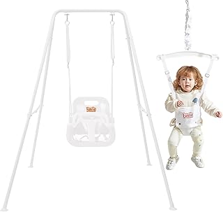 FUNLIO 2 in 1 Swing Set for Toddler & Baby Jumper, Heavy Duty Kids Swing & Bouncer with 4 Sandbags, Foldable Metal Stand for Indoor/Outdoor Play, Easy to Assemble and Store - White