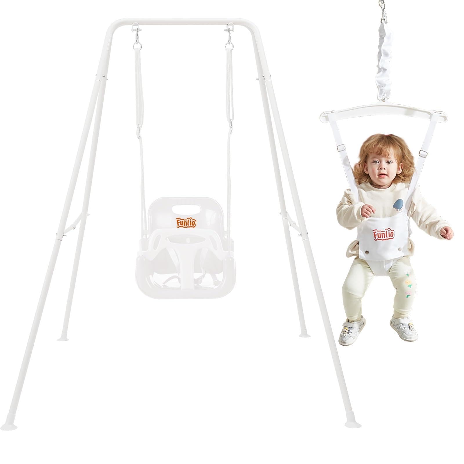 FUNLIO 2 in 1 Swing Set for Toddler & Baby Jumper, Heavy Duty Kids Swing & Bouncer with 4 Sandbags, Foldable Metal Stand for Indoor/Outdoor Play, Easy to Assemble and Store - White