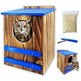Screech Owl House for Outdoors,10'x10'x15' Large Carbonized Wood Barred Owl Nesting Box, Weather-Resistant Bird House with Blue Roof, Ventilation & Replaceable Perch, Garden Wildlife Habitat Gift