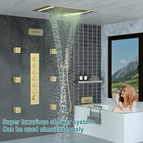HOMEDEC LED Full Body Rain Shower System with 6pcs Body Jets Spray with（Up/Down ）Shower Spout, Large 3 In 1 Functions 14x20inch Showerhead, Rainfall Mist Shower Faucet Set Complete, Brushed Gold - Thumbnail 2