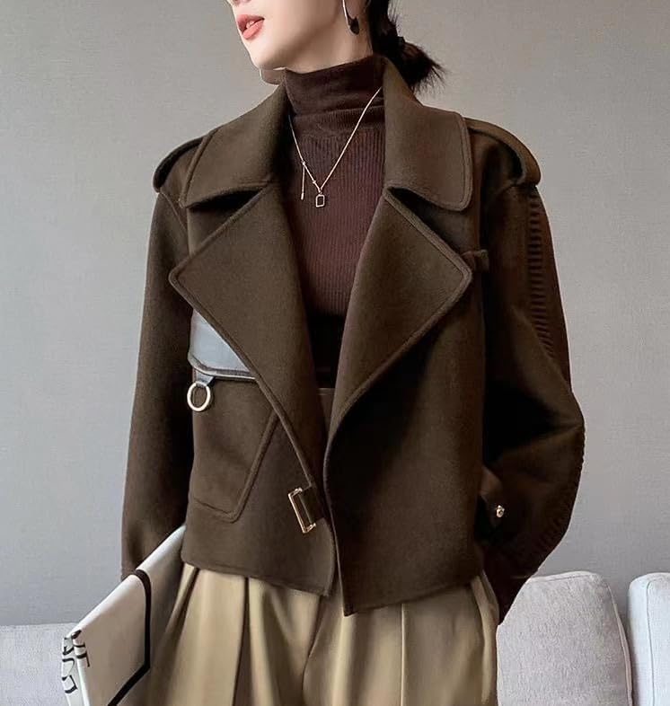 utcoco Women Cropped Wool Coats Warm Pea Coat Notched Lapel Open Front Trench Overcoat Jackets with Pockets - Image 2