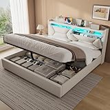 ZUUYEE Polsterbett Doppelbett 180x200 cm mit LED, USB C, Hydraulische Bett mit Stauraum und Kopfteil, Stauraumbett Bettgestell mit Metallrahmen Bettkasten und Lattenrost, Leinen, Beige, Ohne Matratze