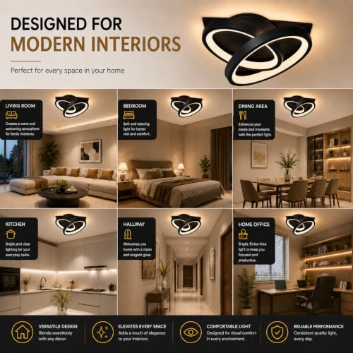 Image of 50W Round LED Ceiling Light, Modern Decorative Chandelier Ceiling Lamp, 3 Color Modes, Anti-Glare Eye Protection, High Brightness Indoor Lighting for Living Room, Bedroom, Hall, Black Round