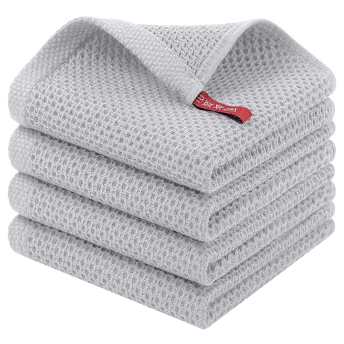 Homaxy 100% Cotton Waffle Weave Kitchen Dish Cloths, 4-Pack, Light Gray