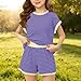 Girls 2 Piece Stripe Casual Outfits Kids Short Sleeve Tops Elastic Waist Wide Leg Beach Shorts Teen Summer Fashion Baggy(Purple, 7-8 Years)