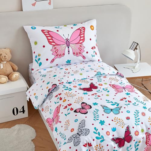 Image of PERFEMET 4-Piece Girls Butterfly Bedding in Pink Floral - Reversible Colorful Flower Toddler Bed Comforter Set for All Season (White, Butterfly)