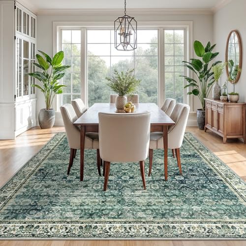 Green Blue 9x12 Area Rug, Vintage Floral Washable Rugs for Living Room Non-Slip Ultra Soft Bedroom Tribal Traditional Farmhouse Carpet for Dining Room Office Home Décor