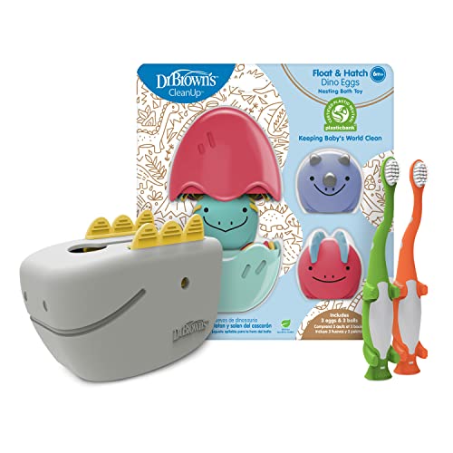 Image of Dr. Brown's Baby and Toddler Toothbrush, Green and Orange Dinosaur 2-Pack 1-4 Years, CleanUp Float & Hatch Dino Eggs Bath Toy, 6m+, Dino-Soft Baby Bath Spout Cover, BPA Free, Certified Plastic Neutral
