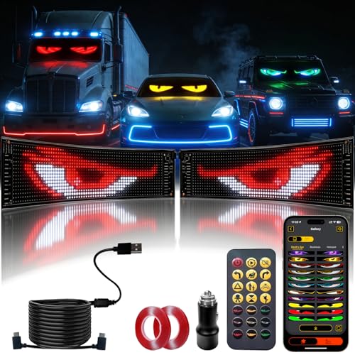 openRGB LED Devil Eye Lights for Windshield 23x5 [2PCs] Dual Screen Sync with APP & Remote Control Windshield Eyes Animated 5V USB Powered Programmable Evil Eyes for Car Truck RV Front Window