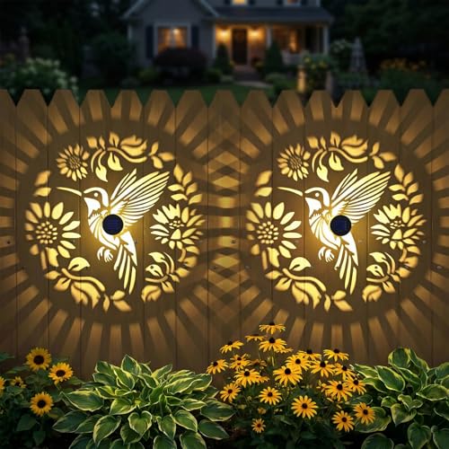 2 Pack Solar Fence Lights Metal Solar Powered Outdoor Wall Deck Step Lights Hummingbird Floral Theme Waterproof Fence Light for Garden Post Patio Backyard Yard Decor, Gardening Gifts for Women Mom