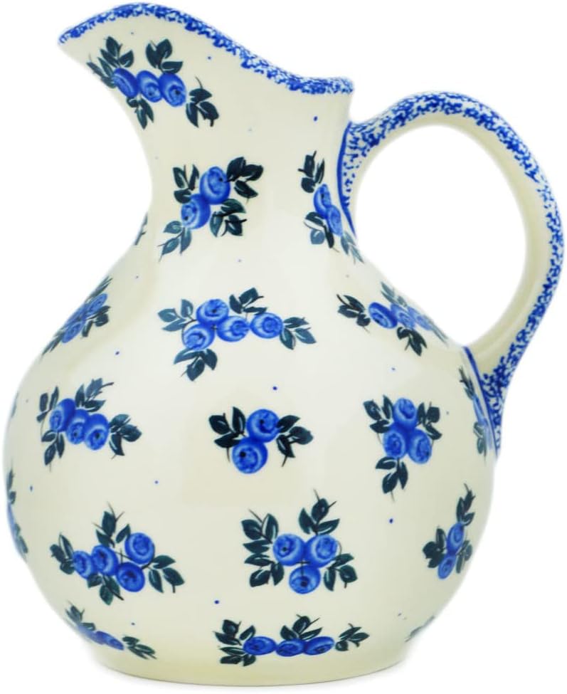 Polmedia Polish Pottery Pitcher UNIKAT - Blue Berry Special Pattern Handmade in Boleslawiec Poland + Certificate of Authenticity