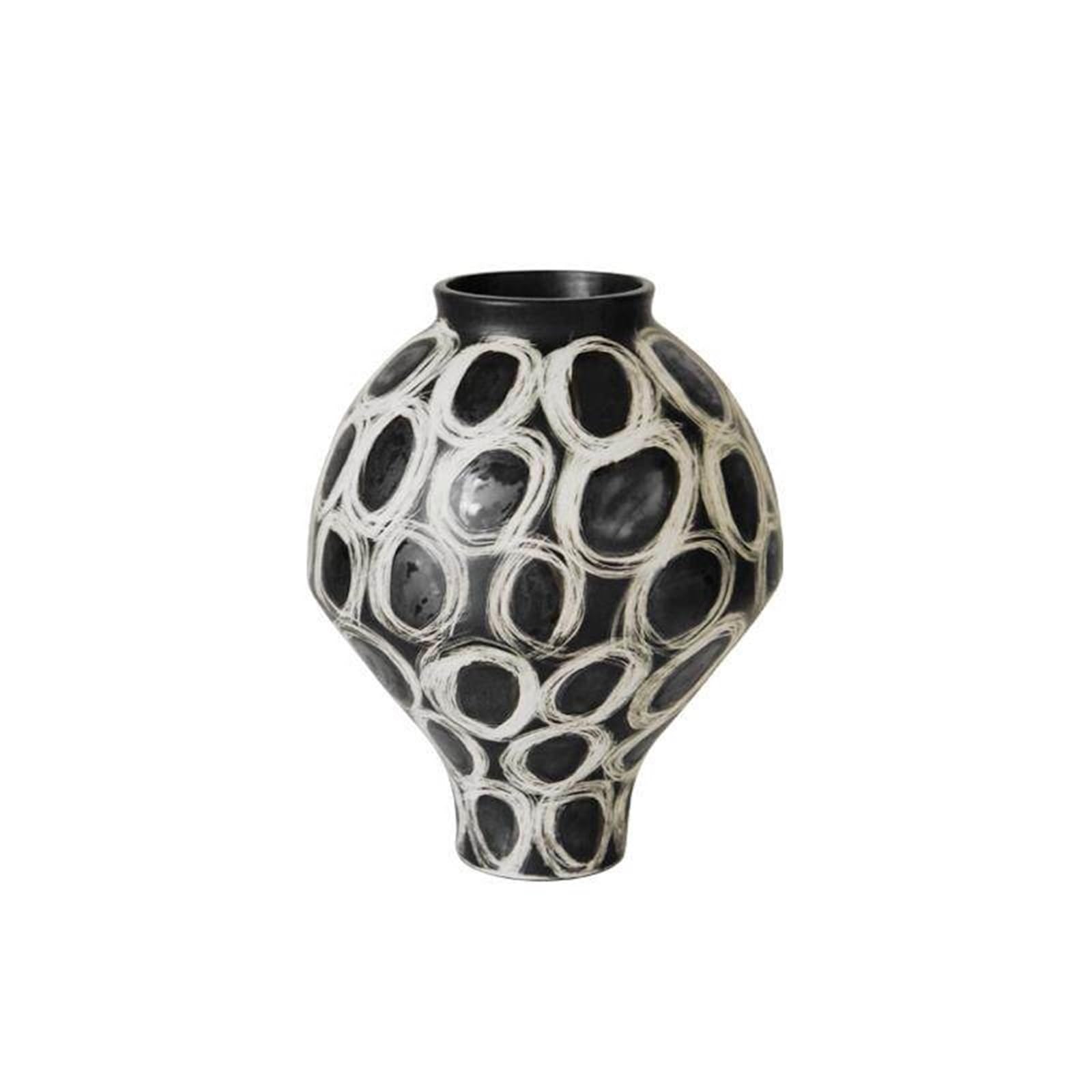 Modern Mid Ancient Style Ceramic Black Vase with Flower Placement, Circular Ornament Centerpieces