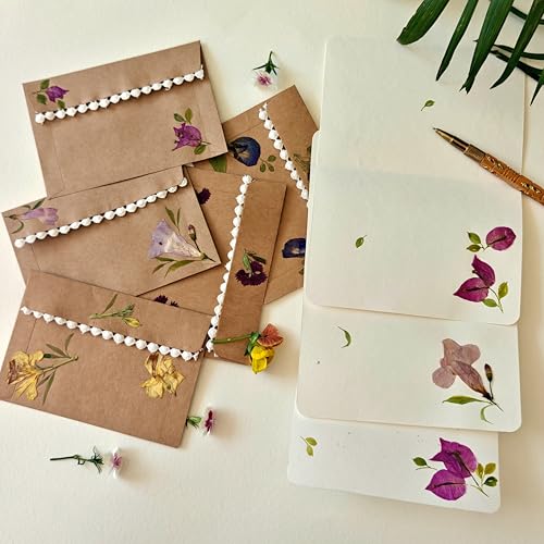 Image of PetalsByShweta, Pack of 8, A5 size pressed flower letter writing papers with Envelopes . White Kraft Paper Envelopes | Note pads | Envelopes for cards | Pressed Flower Design | Wedding invites | invitation writing paper | Thank you notes writing (Gulbahar brown)