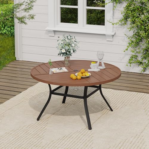 Image of VICLLAX 47.2 inch Round Outdoor Table, Patio Dining Table for 6 with Umbrella Hole for Garden Lawn Deck Backyard, Walnut