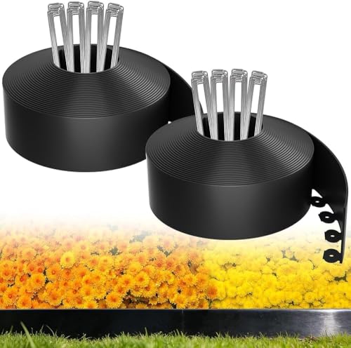 MIXC Garden Edging Border, 200FT (100FT 2Pack) 2 Inch Tall Plastic Landscape Edging with 300 U-Shaped Metal Stakes, More Stable and Flexible Tool-Free Lawn Border for Yard, Flower Bed & Landscaping