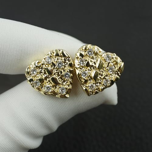 14K Gold Plated Rough Textured Nugget Earrings For Women, Hip Hop Punk Nugget Stud, Cubic Zirconia Heart Shape Gold Studs Earrings by YSQyuesongqing - Used condition - Image 4