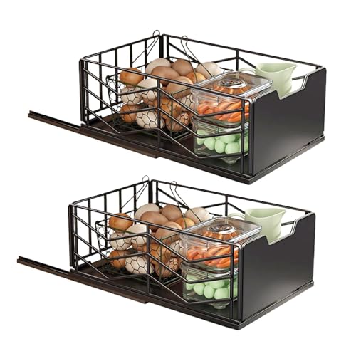 Image of ULIKEUS 2 Pack 40cm Pull Out Cabinet Organiser,No Drill Sliding Out Drawers for Kitchen Cupboards, Pull Out Storage Baskets, Heavy Duty Metal Pantry Organiser for Kitchen & Bathroom,Black