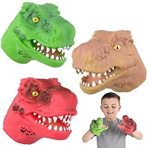 Image of ArtCreativity Rubber Dinosaur Hand Puppets for Kids, Set of 3, T-Rex Dinosaur Head Puppets in Assorted Colors, Interactive Dinosaur Toys for Boys and Girls, Dinosaur Party Favors