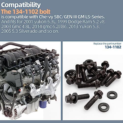 Image of 134-1102 Header Bolt Kits 3 /8in Flange Hex Chromoly Header Bolt Kit Compatible with Chevy SBC /GENIII GM LS-Series 4.8L 5.3L 6.0L 6.2L Engines (Pack of 12)