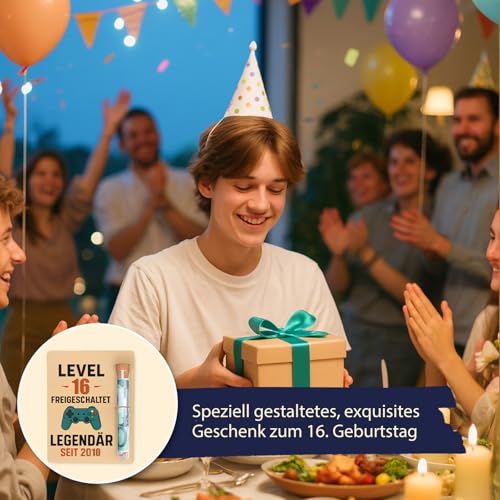 RAOPNHS 16 Geburtstag Mädchen, 16 Geburtstag Junge Mit Holzkarte 10×13 Cm Und Reagenzglas Geschenkverpackung Für Gutscheine Und Geld