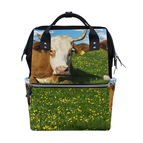 zaino da viaggio in tela con immagine di mucche su erba