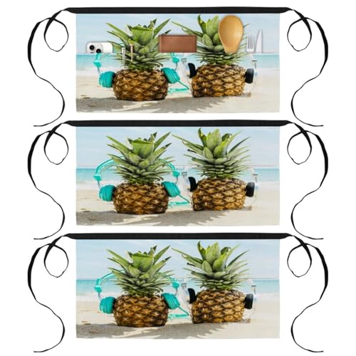 Lot de 3 tabliers courts de cuisine à 3 poches ananas 60x30.5cm