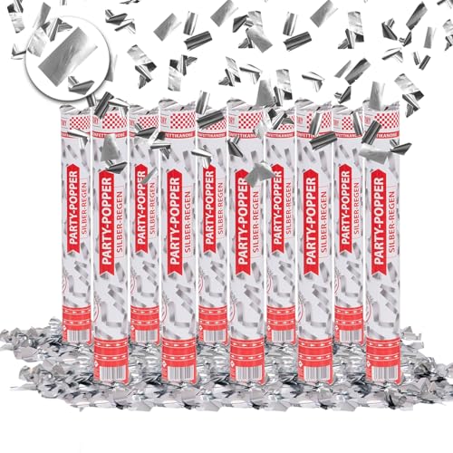 Party Factory – Konfettikanone Silber Party Popper 10er Set – Partygadgets Konfetti Kanone 40cm mit Schnipseln für Hochzeit, Geburtstag oder Silvester – Bis 8m Flughöhe, für Innen & Außen