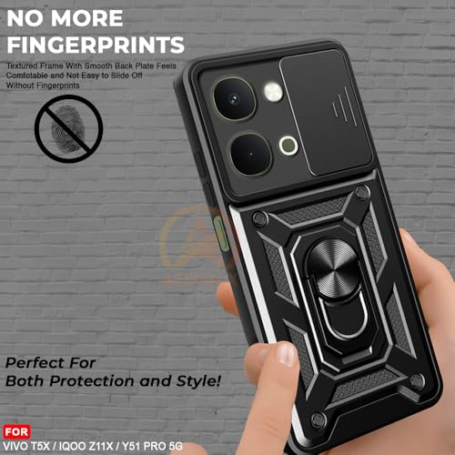 Image of Armor Bumper Back Cover Case for iQOO Z11X / Vivo T5X / Vivo Y51 Pro 5G | Rotating Camera Cover, Ring Holder & Kickstand | Heavy Duty & 360 Degree Protection Back Cover (Black)