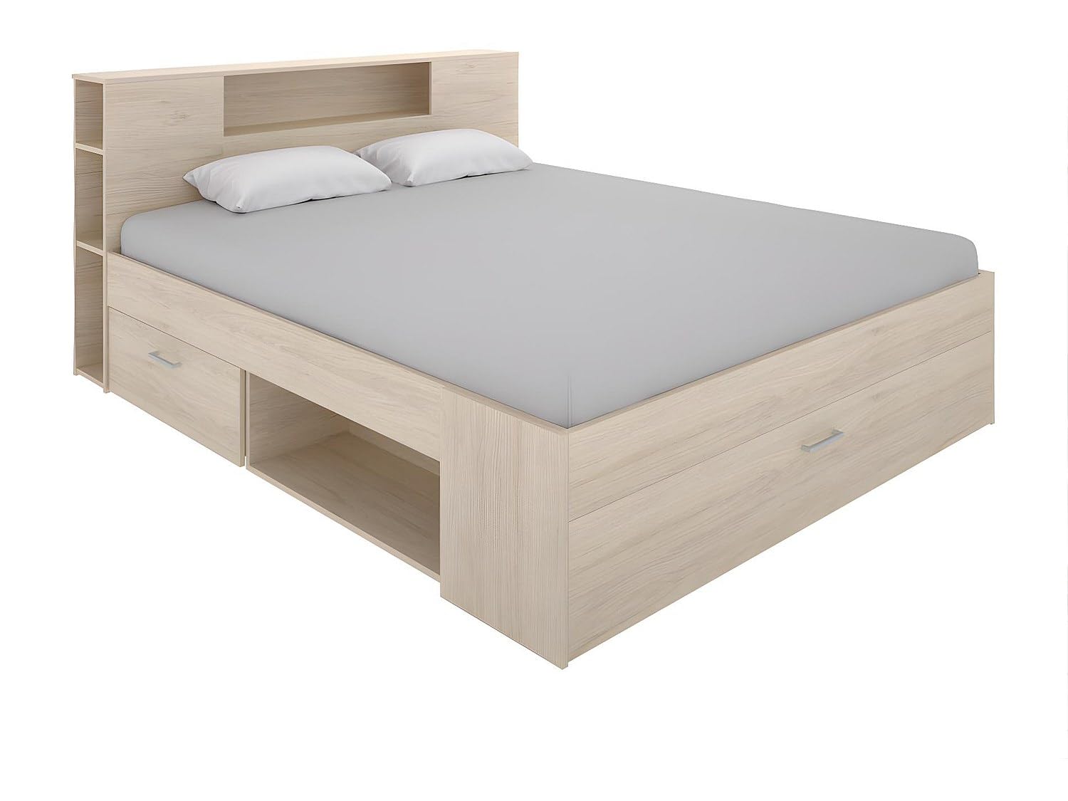 DEKIT GRUPO RIMOBEL Lit Leandre avec tête de lit rangements et tiroirs - 140x190 cm - Coloris : Chêne
