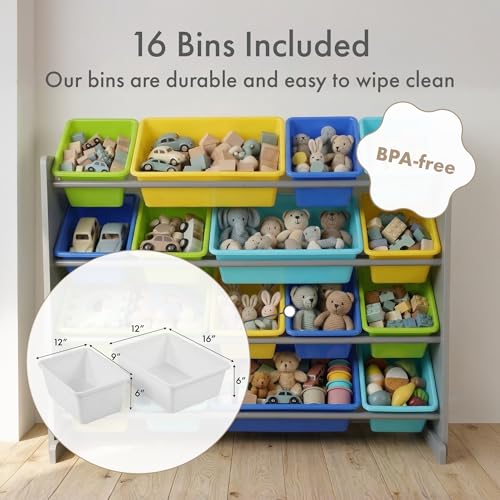 Image of Humble Crew Toy Storage Organizer with 16 Removable Storage Bins for Kids Playroom, 4-Tier Toddler Toy Organization and Storage, Grey /Blue /Green /Yellow