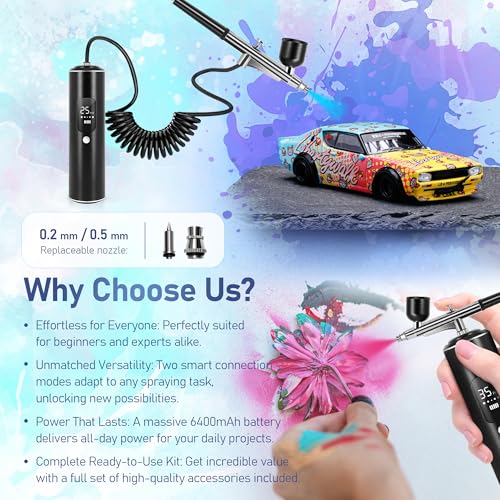 Airbrush Kit with Compressor, 2 Airbrushes, 6400mAh 50PSI High Pressure Airbrush for Nails with 0.2/0.3/0.5mm Nozzle Sets, Airbrush for Nails, Modeling, Cake Decorating, Pastry (Black) - Thumbnail 4