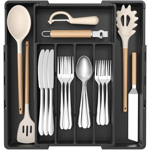 Lifewit Besteckkasten für Schubladen, flexibel von 4 auf 7 Fächer erweiterbar, verstellbar von 22,6 – 36 cm Breite, Kunststoff Organizer Küche für Messer, Gabeln und Löffel, Schwarz