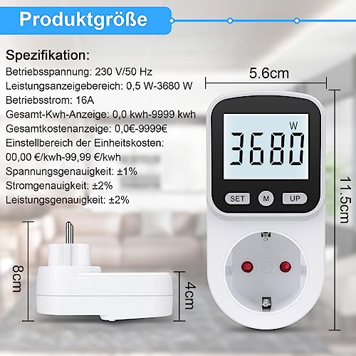 Foto von Stromzähler für Steckdose Stromverbrauchsmesser Steckdose 8 Modi, Strommessgerät Steckdose Energiekostenmessgerät Hintergrundbeleuchtung Großes LCD KWH Watt Energiemessgerät Leistungsmesser Steckdose