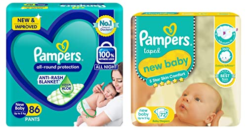 Image of Pampers New Diapers Pants, New Baby, 86 Count & Pampers Active Baby New Born Diapers (72 Count)