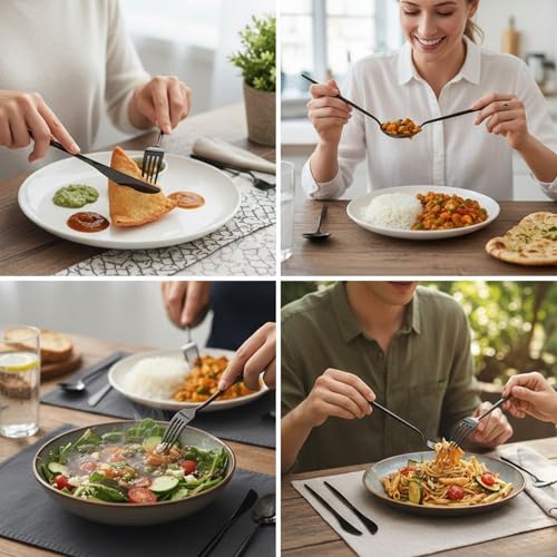 Image of 5 Pcs Black Cutlery Set for Dining Table the Perfect Lightweight Silim Handle Tableware Including Dinner Spoon, Dinner Fork, Dinner Knife, Dessert Spoon & Dessert Fork