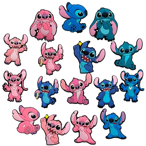 Yangsiw 16Pcs Stitch Shoe Charm, Clog Decoration PVC Shoes Decorations Lilo Shoe Buckles, Cartoon Anime Game Charms Shoe Accessories for Mens Womens Party Birthday