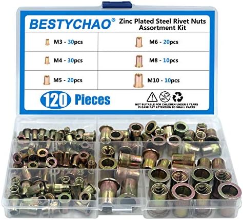 BESTYCHAO Rivet Nut, 120pcs Zinc Plated Steel Flat Head Threaded Insert Rivet Nut, Nutsert Rivnut Assortment Kit M3 M4 M5 M6 M8 M10