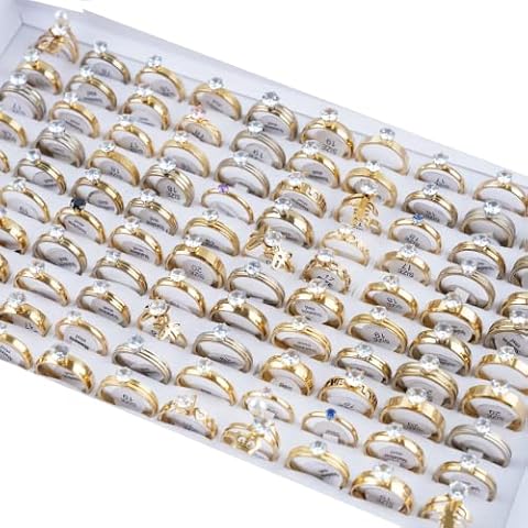 juanmaojuan 50Pcs Fashion Classic Crystal Zircon Rhinestone Stainless Steel Women Ring For Men Engagement Wedding Finger Jewelry Party Wholesale (Gold color) Cover