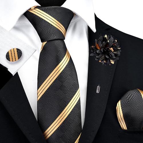 Image of GUSLESON 3.15 inch（8cm） Mens Stripe Tie and Lapel Pin Necktie Hankerchief Cufflinks Set for Men