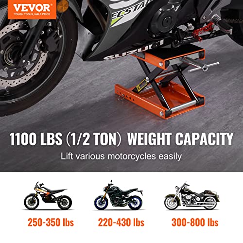 VEVOR Motorcycle Lift, 1100 LBS Motorcycle Scissor Lift Jack with Wide Deck & Safety Pin, 3.7"-13.8" Center Hoist Crank Stand, Steel Scissor Jack for Street Bikes, Cruiser Bikes, Touring Motorcycles by VEVOR - Image 2
