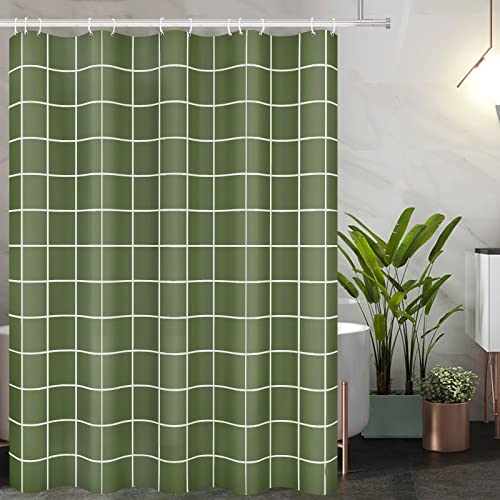 Tititex Rideau de douche minimaliste à carreaux vert olive, ligne blanche, simple et moderne, décoration 180 x 180 cm avec crochets
