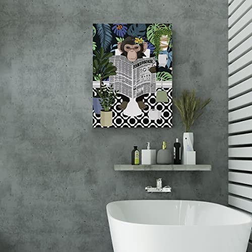 Evxid Tropical Botanical Monkey Canvas Poster Painting Bathroom Wall Art, Monkey On Toilet Reading Newspaper Print Picture Artwork Framed Ready To Hang For Restroom Wall Decor 12 X 15 Inch #TOP4
